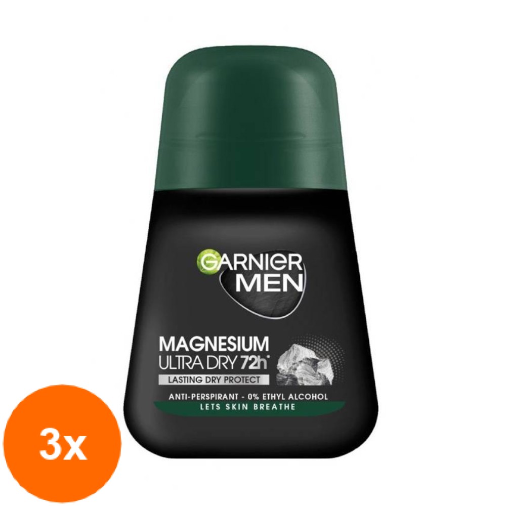 Set Deodorant Roll-on Garnier Men Magnesium Ultra Dry 72h, pentru Barbati, 3 Bucati x 50 ml
