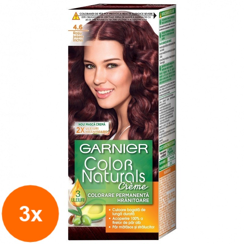 Set Vopsea de Par Permanenta cu Amoniac Garnier Color Naturals 4.6 Rosu Intens Inchis, 3 Cutii x 110 ml