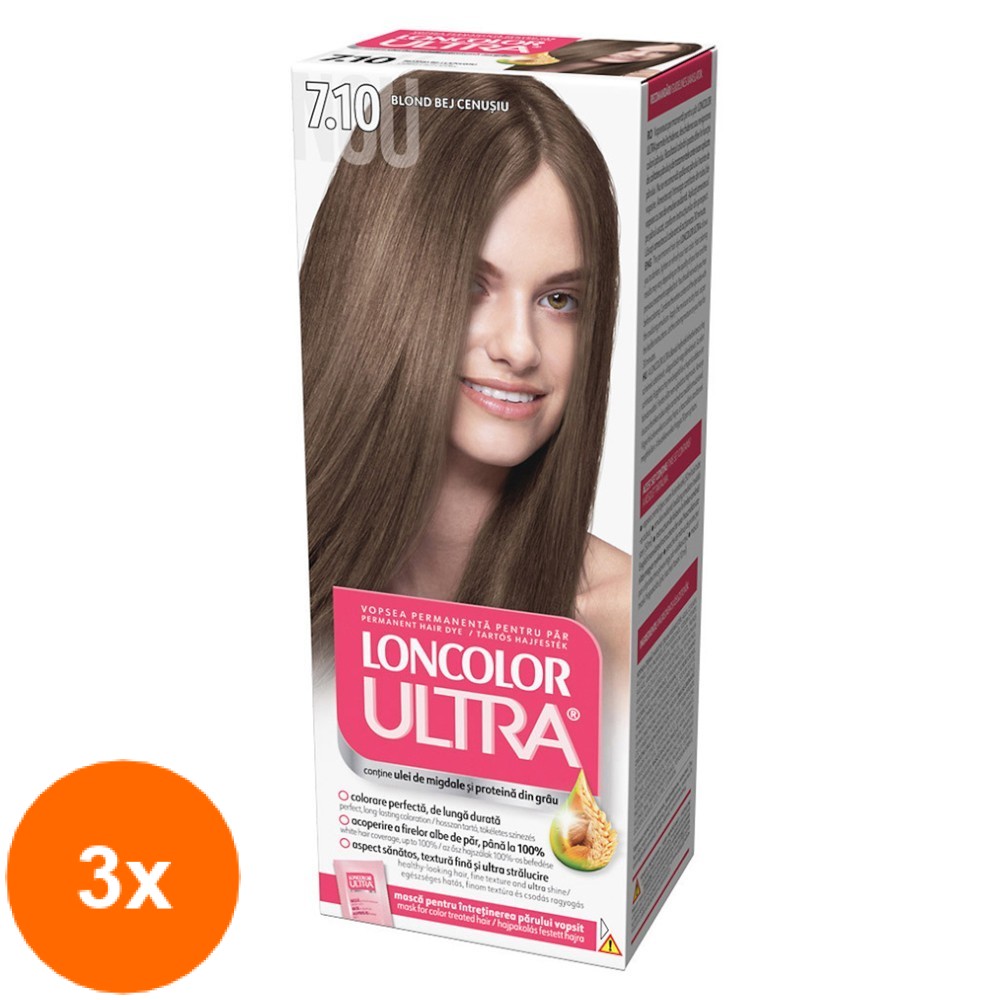 Set Vopsea de Par Permanenta cu Amoniac Loncolor Ultra 7.10 Blond Bej Cenusiu, 3 Cutii x 100 ml