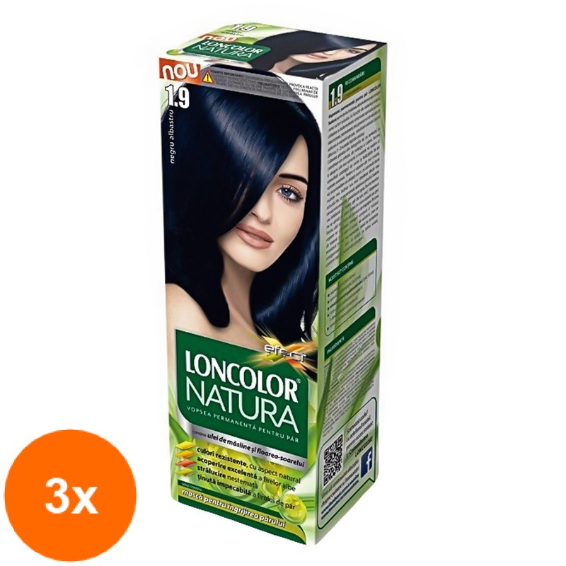 Set 3 x Vopsea de Par Permanenta Loncolor Natura 1.9 Negru Albastru, 100 ml