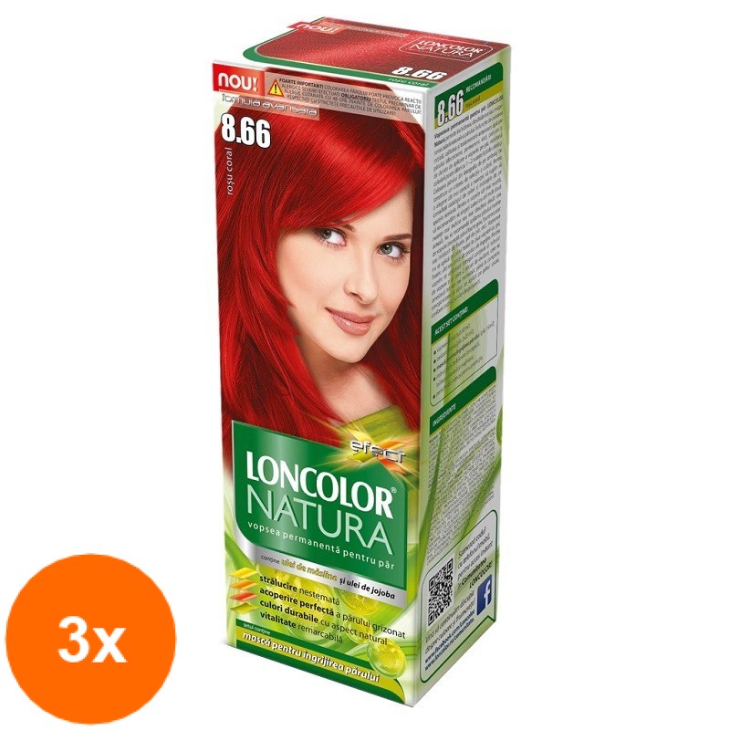 Set 3 x Vopsea de Par Permanenta Loncolor Natura 8.66 Rosu Coral, 100 ml