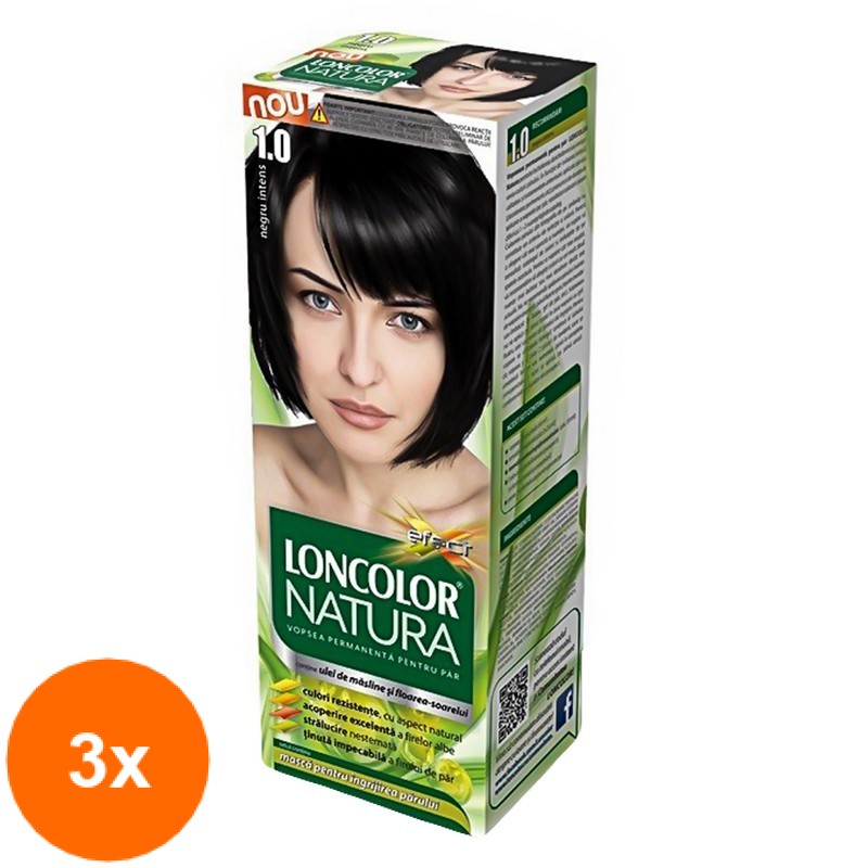 Set 3 x Vopsea de Par Permanenta Loncolor Natura 1 Negru Intens, 100 ml