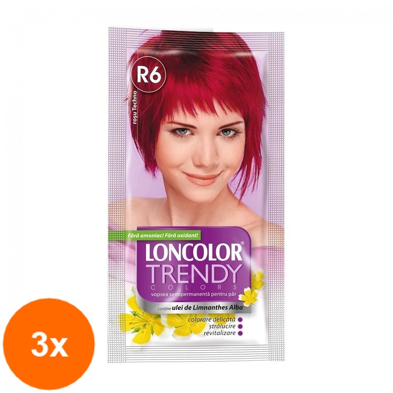 Set Vopsea de Par Semi-Permanenta fara Amoniac Loncolor Trendy Colors R6 Techno Red, 3 Plicuri x 50 ml