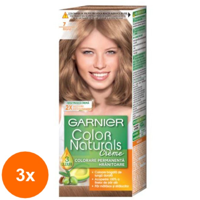 Set Vopsea de Par Permanenta cu Amoniac Garnier Color Naturals 7 Blond, 3 Cutii x 110 ml
