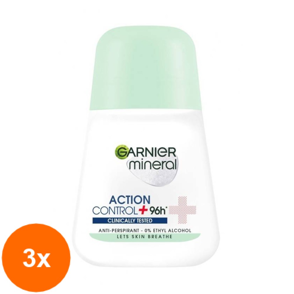 Set 3 x Deodorant Roll-on Garnier Mineral Action Control+ 96h Testat Clinic, 50 ml