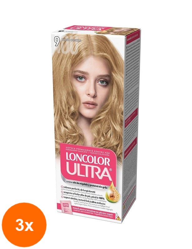Set Vopsea de Par Permanenta cu Amoniac Loncolor Ultra 9 Blond Deschis, 3 Cutii x 100 ml