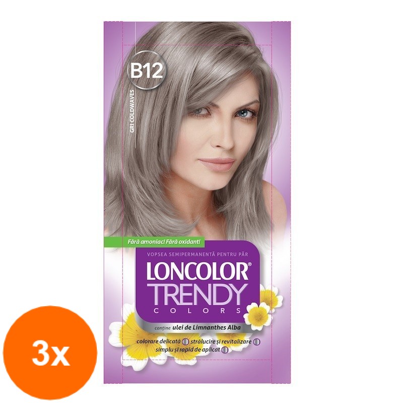 Set Vopsea de Par Semi-permanenta fara Amoniac Loncolor Trendy Colors B12 Gri Coldwaves, 3 Plicuri x 50 ml