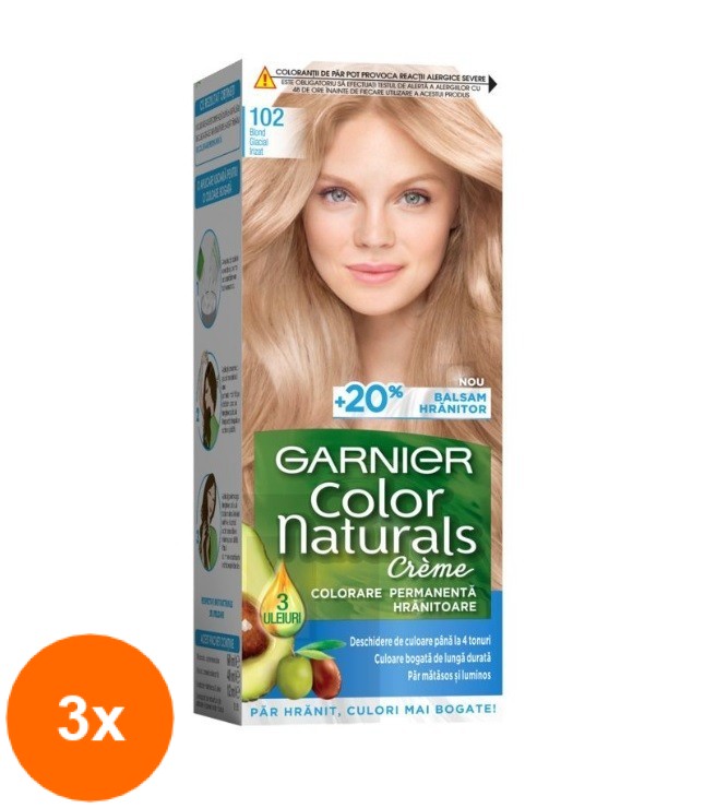 Set Vopsea de Par Permanenta cu Amoniac Garnier Color Naturals 102 Blond Glacial Irizat, 3 Cutii x 110 ml