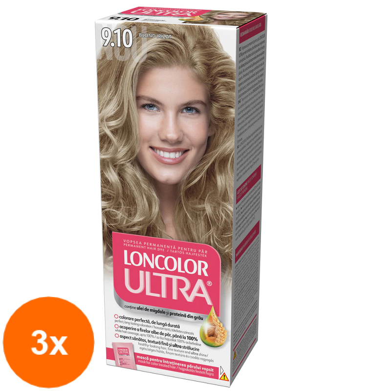 Set Vopsea de Par Permanenta cu Amoniac Loncolor Ultra 9.10 Blond Irizat, 3 Cutii x 100 ml