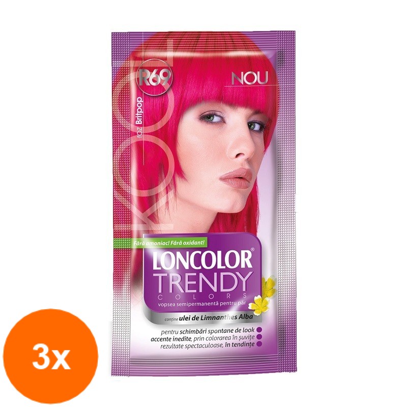 Set Vopsea de Par Semi-Permanenta fara Amoniac Loncolor Trendy Colors R69 Roz Britpop, 3 Plicuri x 50 ml