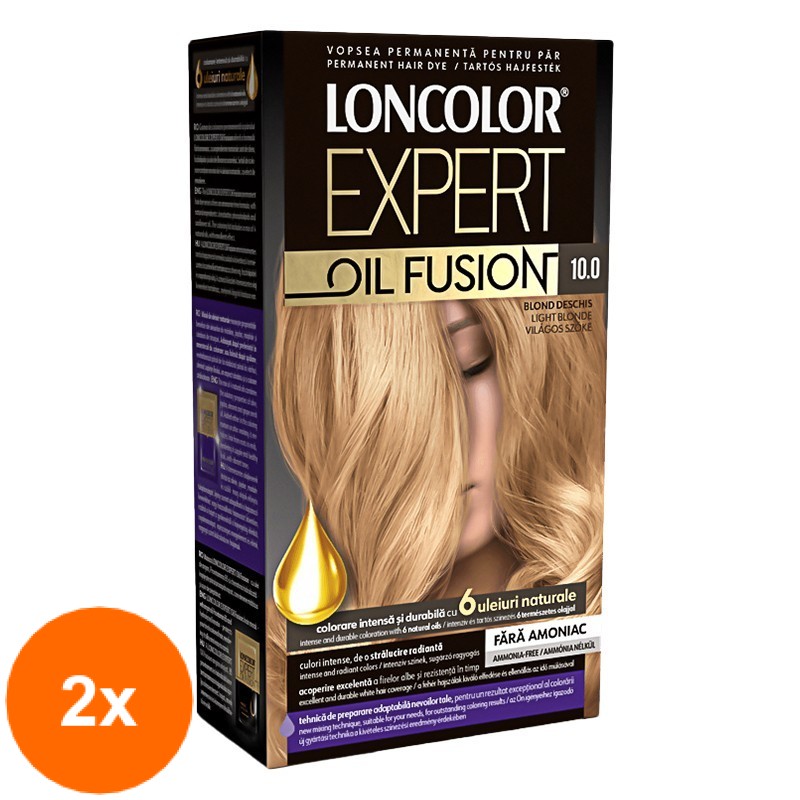 Set Vopsea de Par Permanenta fara Amoniac Loncolor Expert Oil Fusion 10.0 Blond Deschis, 2 Cutii x 100 ml