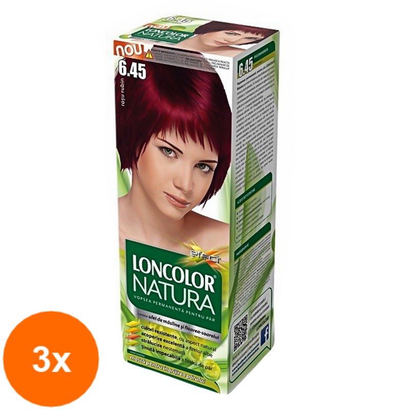 Set Vopsea de Par Permanenta Loncolor Natura 6.45 Rosu Rubin, 3 Cutii x 100 ml