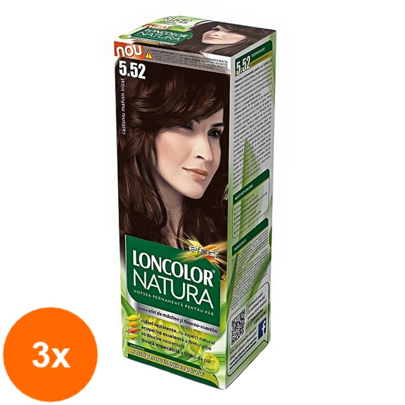 Set 3 x Vopsea de Par Permanenta Loncolor Natura 5.52 Castaniu Mahon Irizat, 100 ml