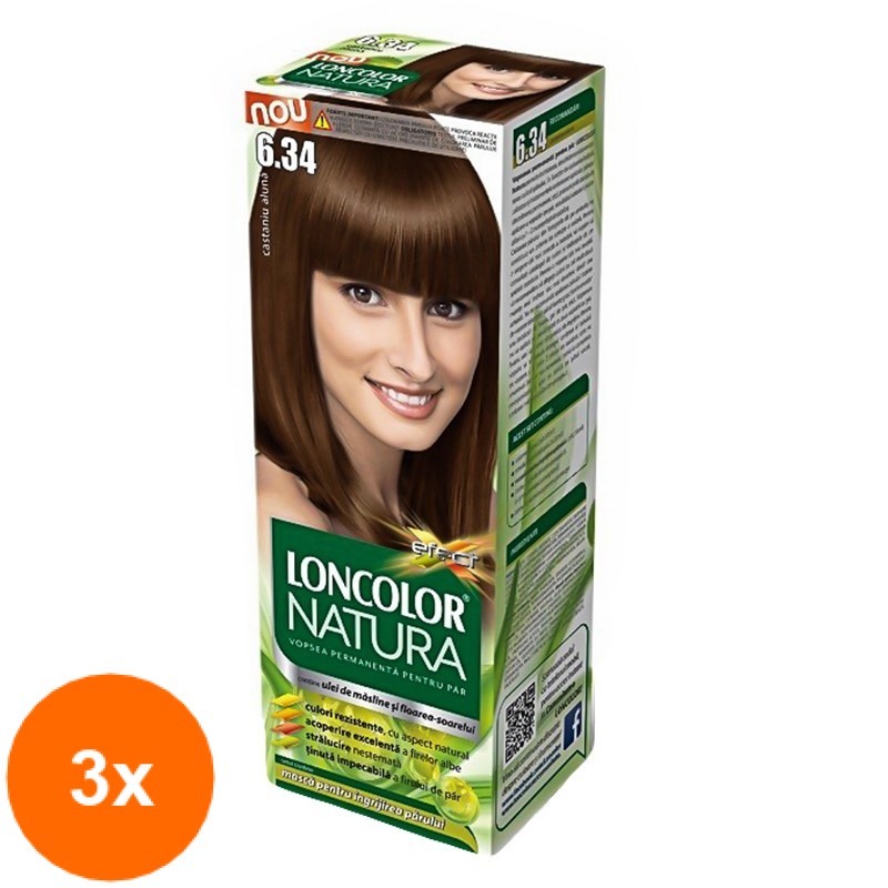 Set 3 x Vopsea de Par Permanenta Loncolor Natura 6.34 Castaniu Aluna, 100 ml