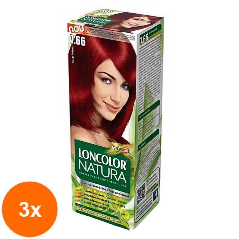 Set 3 x Vopsea de Par Permanenta Loncolor Natura 7.66 Rosu Intens, 100 ml