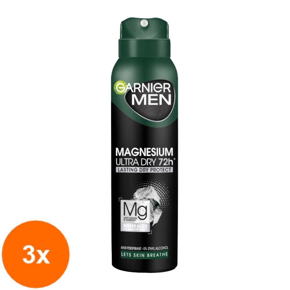 Set Deodorant Spray Garnier Men Magnesium Ultra Dry 72h, pentru Barbati, 3 Bucati x 150 ml