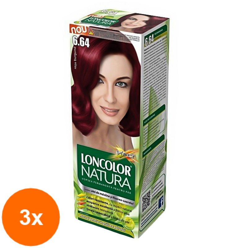 Set 3 x Vopsea de Par Permanenta Loncolor Natura 6.64 Rosu Burgund, 100 ml