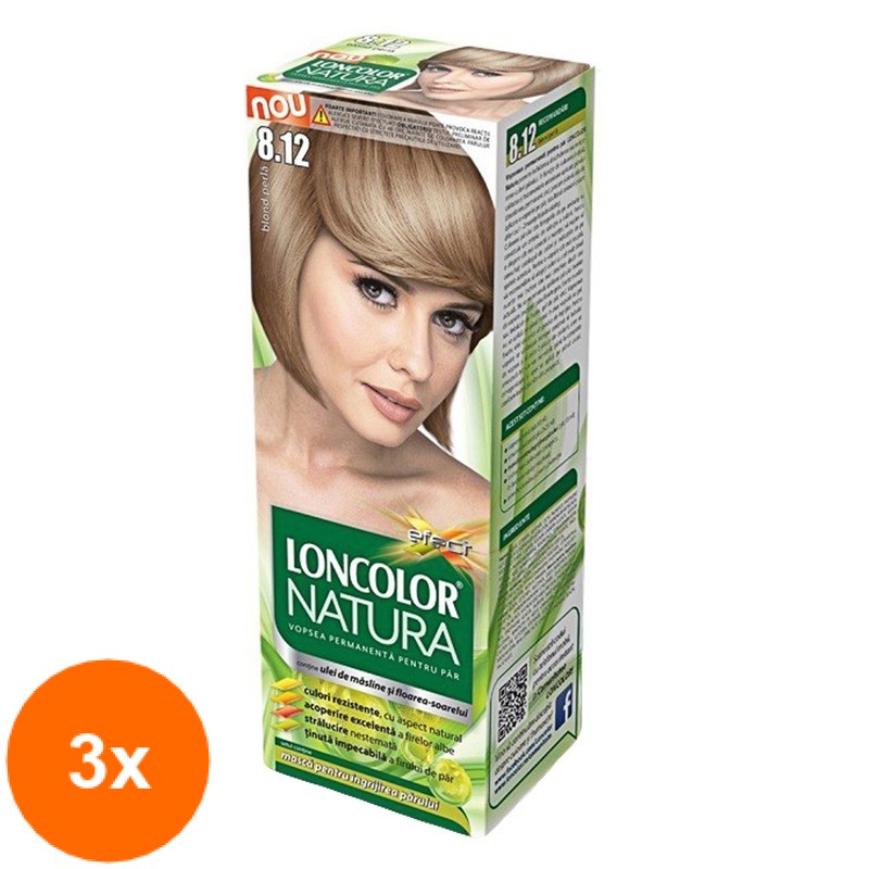 Set Vopsea de Par Permanenta Loncolor Natura 8.12 Blond Perla, 3 Cutii x 100 ml