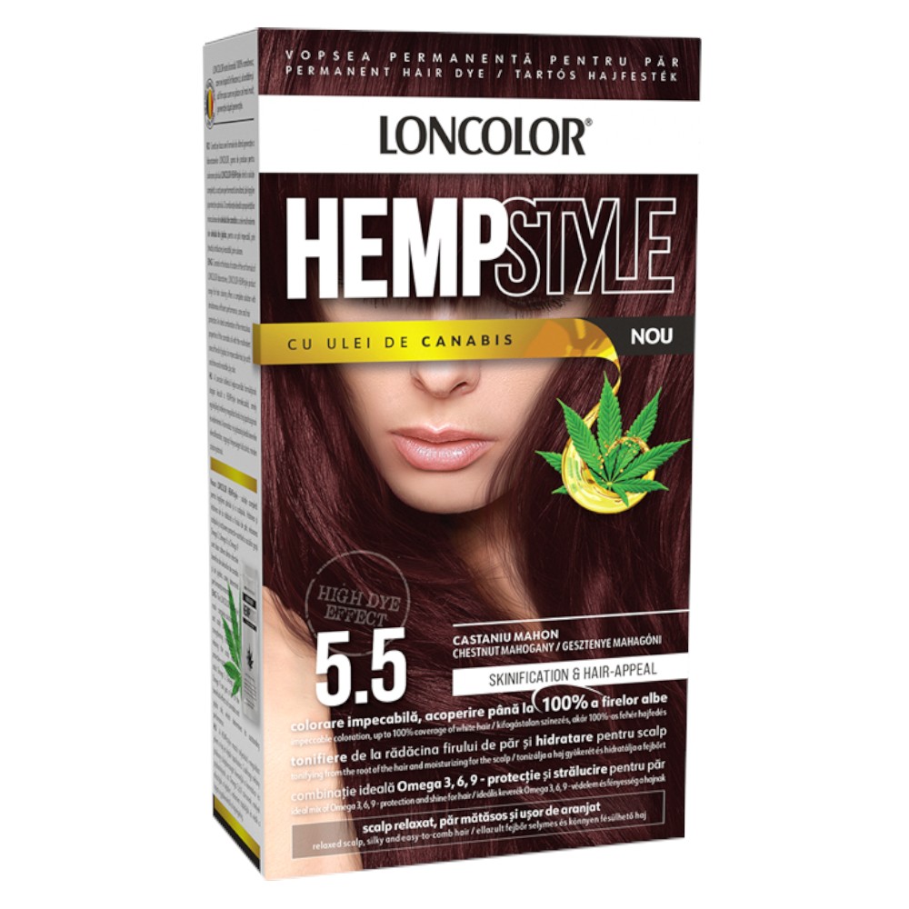 Vopsea de Par Permanenta Loncolor Hempstyle cu Ulei de Canabis, 5.5 Castaniu Mahon, 100 ml