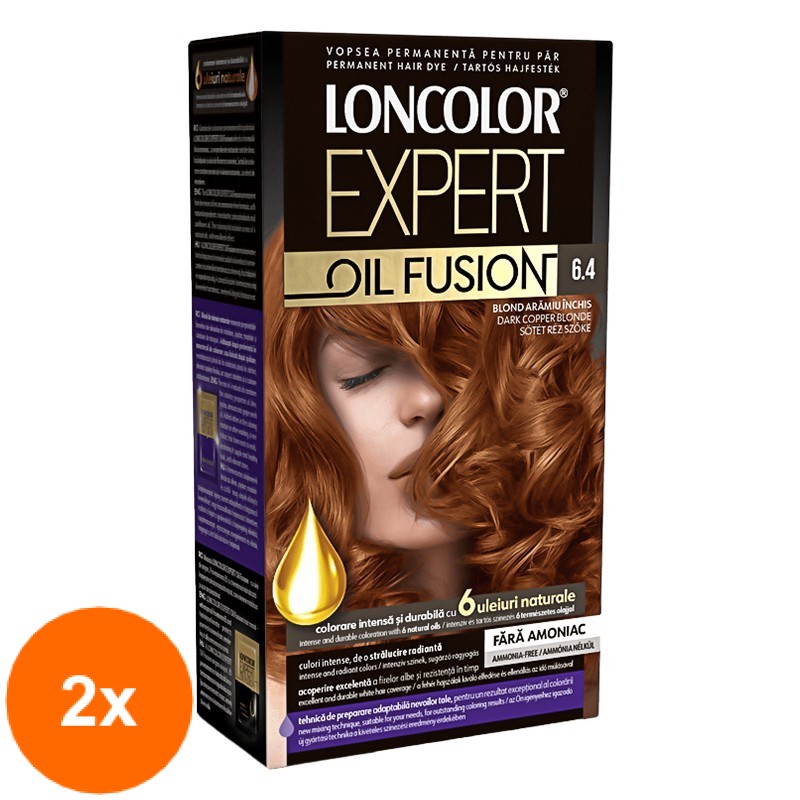 Set Vopsea de Par Permanenta fara Amoniac Loncolor Expert Oil Fusion 6.4 Blond Aramiu Inchis, 2 Bucati x 100 ml
