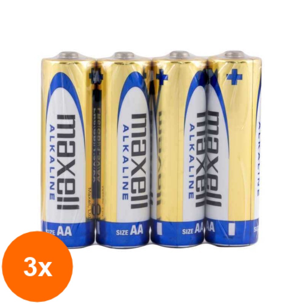 Set 3 x 4 Baterii Alcaline AA R6 Maxell, Infoliate