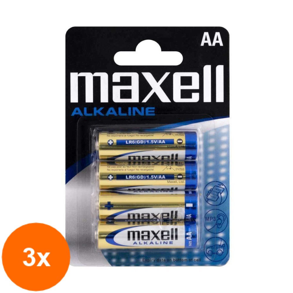 Pachet 3 x Set 4 Baterii Alcaline AA R6 Maxell