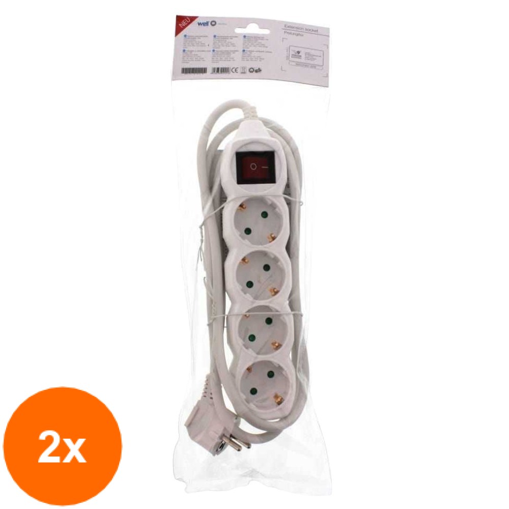 Set 2 x Prelungitor Electric cu Intrerupator, 4 Prize, Sectiune Cablu 3 x 1.5mm2, Lungime 1.5 m, Well