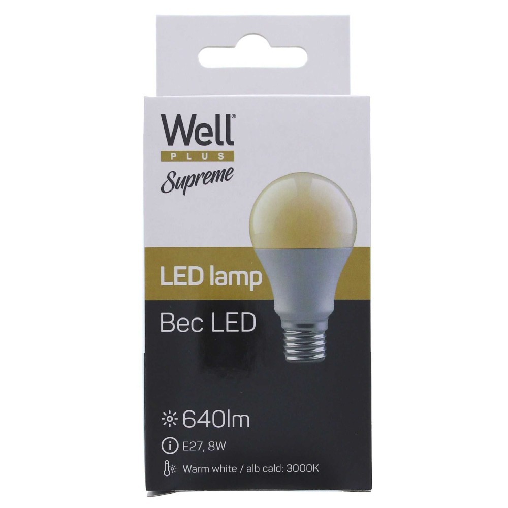 Set 6 x Bec cu Led Well, A60, E27, 8W / 50W, 640 lm, 25000 Ore, 3000K, Lumina Calda