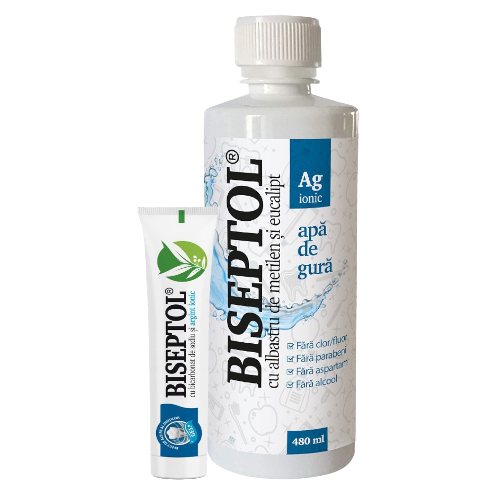 Apa de Gura cu Argint Ionic Biseptol, 480 ml si Mostra Pasta de Dinti 15 ml