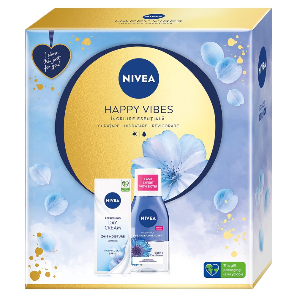 Caseta Cadou Nivea Happy Vibes, Crema de Zi Hidratanta si Demachiant Bifazic pentru Ochi