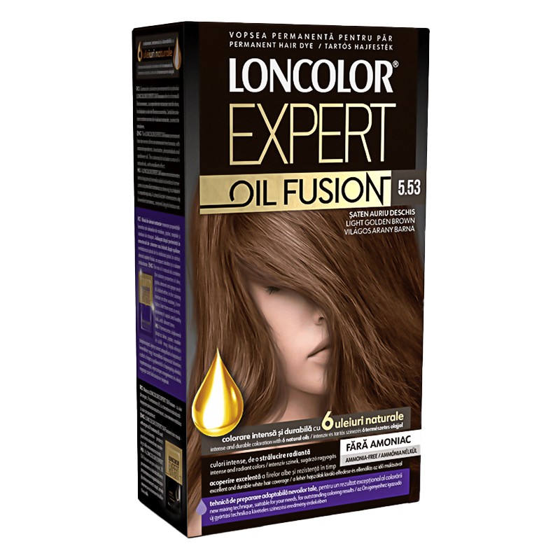 Vopsea de Par Permanenta fara Amoniac Loncolor Expert Oil Fusion 5.53 Saten Auriu Deschis, 100 ml