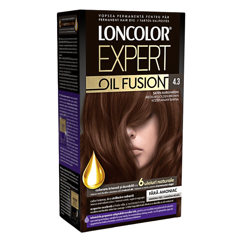 Vopsea de Par Permanenta fara Amoniac Loncolor Expert Oil Fusion 4.3 Saten Auriu Mediu, 100 ml