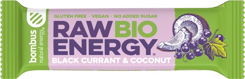 Baton Energizant Bio, Raw Energy, cu Coacaze Negre si Nuca de Cocos 50 g Bombus