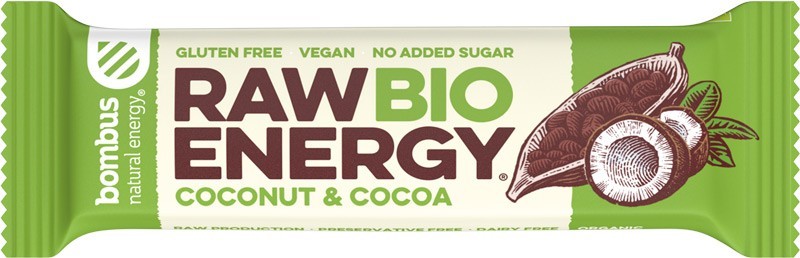 Baton Energizant Bio, Raw Energy, cu Nuca de Cocos si Cacao 50 g Bombus