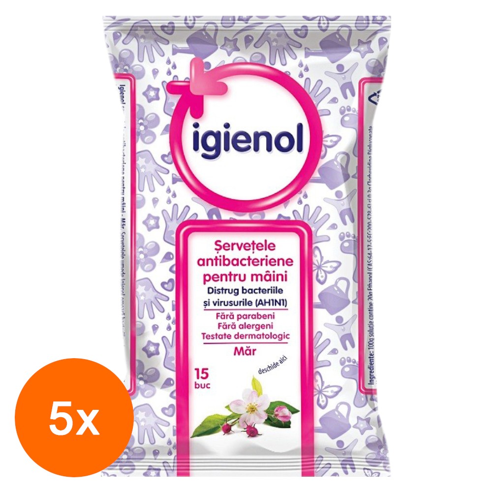 Pachet 5 x Servetele Antibacteriene Igienol pentru Maini, Mar, 15 Bucati