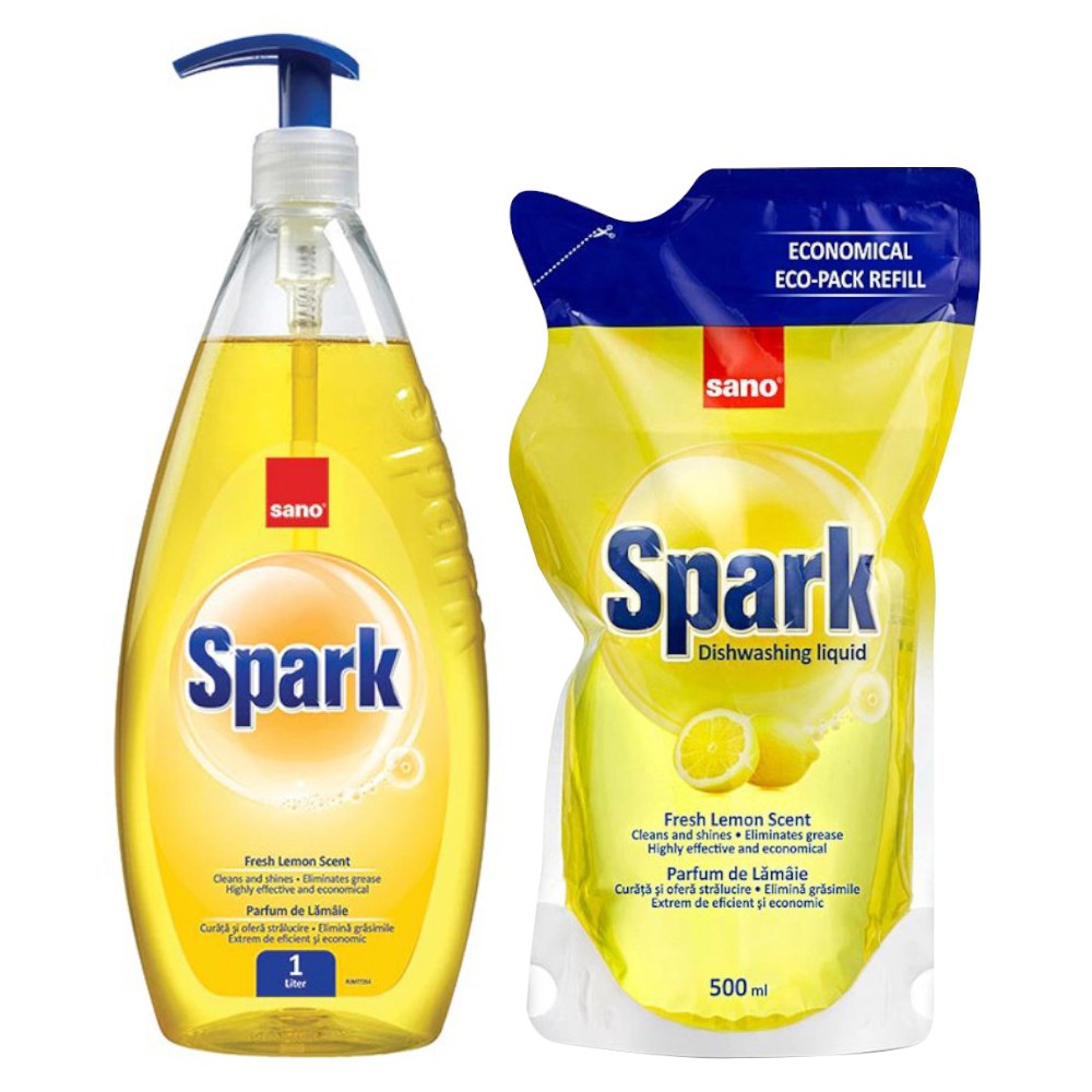 Set Detergent de Vase cu Pompita Sano Spark cu Lamaie, 1 l si Rezerva, 500 ml