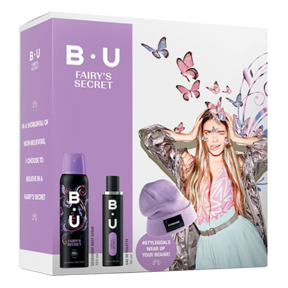 Set Cadou B.U. Fairy\'s Secret, Femei, Apa de Toaleta 50 ml, Deodorant Spray pentru Corp 150 ml si Caciula Cadou