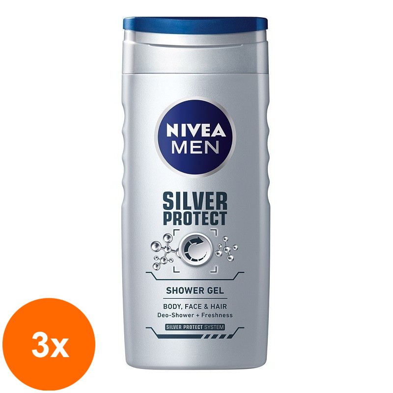 Set 3 x Gel de Dus Nivea Men Silver Protect, cu Ioni de Argint, 250 ml