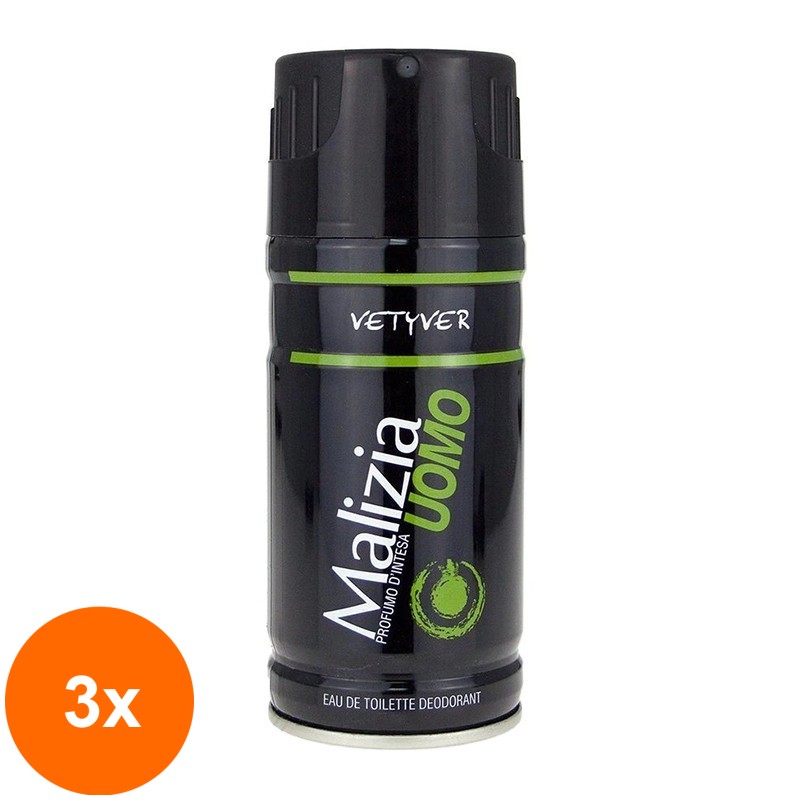 Set 3 x Deodorant Malizia Uomo Vetyver, pentru Barbati, 150 ml