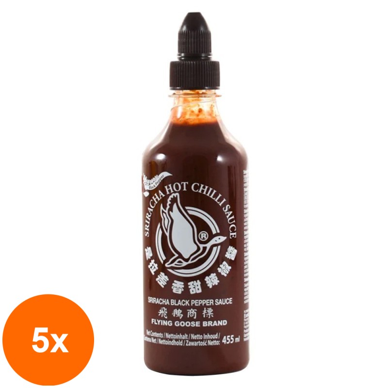 Set 5 x Sos Sriracha Black Pepper Flying Goose, Piper Negru, 455 ml
