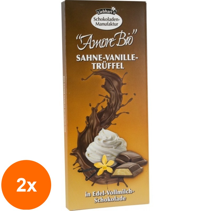 Set 2 x Ciocolata BIO cu Lapte Umpluta cu Frisca, Vanilie si Trufe, 100 g, Liebhart's Amore Bio