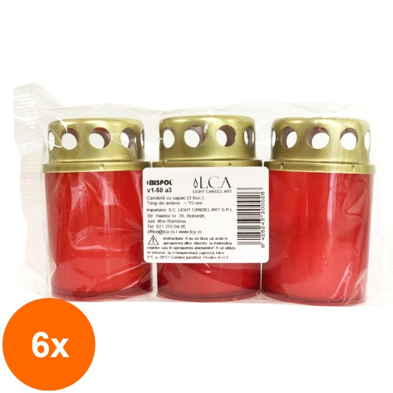 Set 6 x 3 Candela cu Capac A3 Rosu, 15 Ore