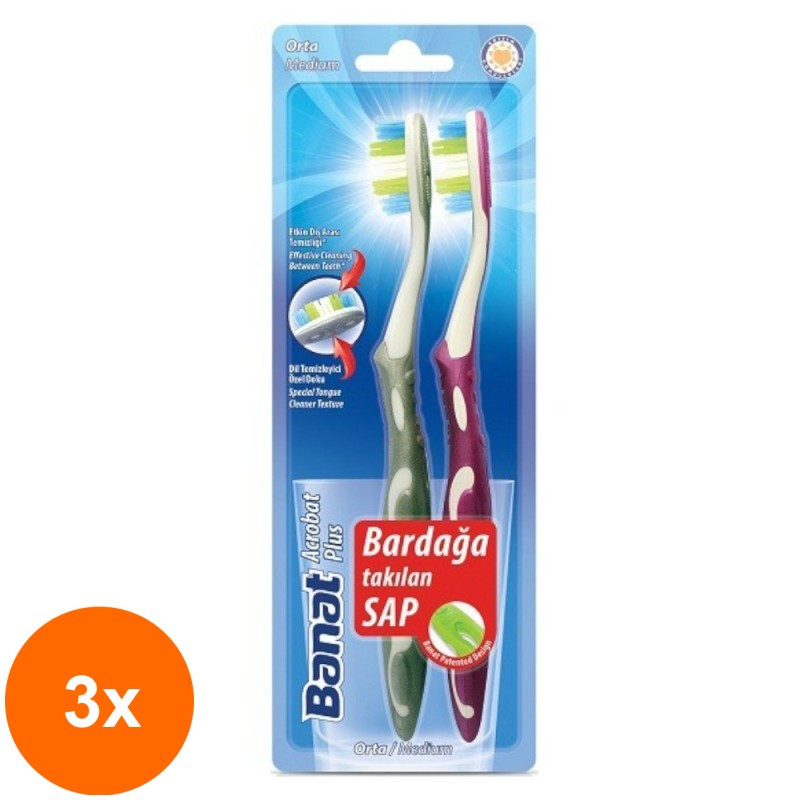 Set 3 x 2 Periute de Dinti Banat Acrobat Plus Medium, cu Peri Medii