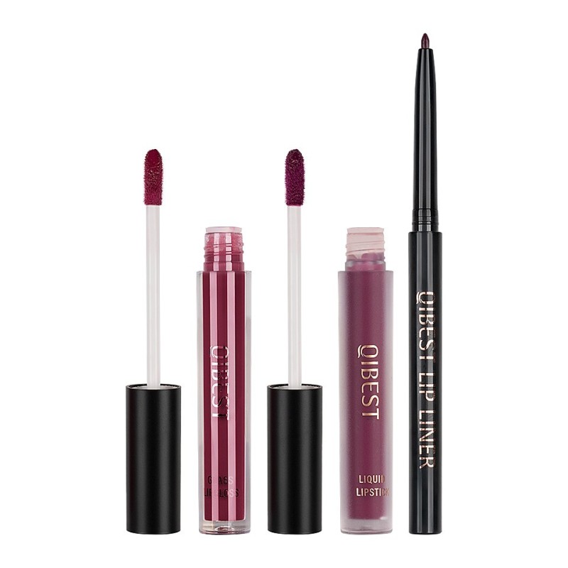 Set 3 In 1 Ruj Lichid Mat si Lip Gloss si Creion Contur Buze Qibest, 09