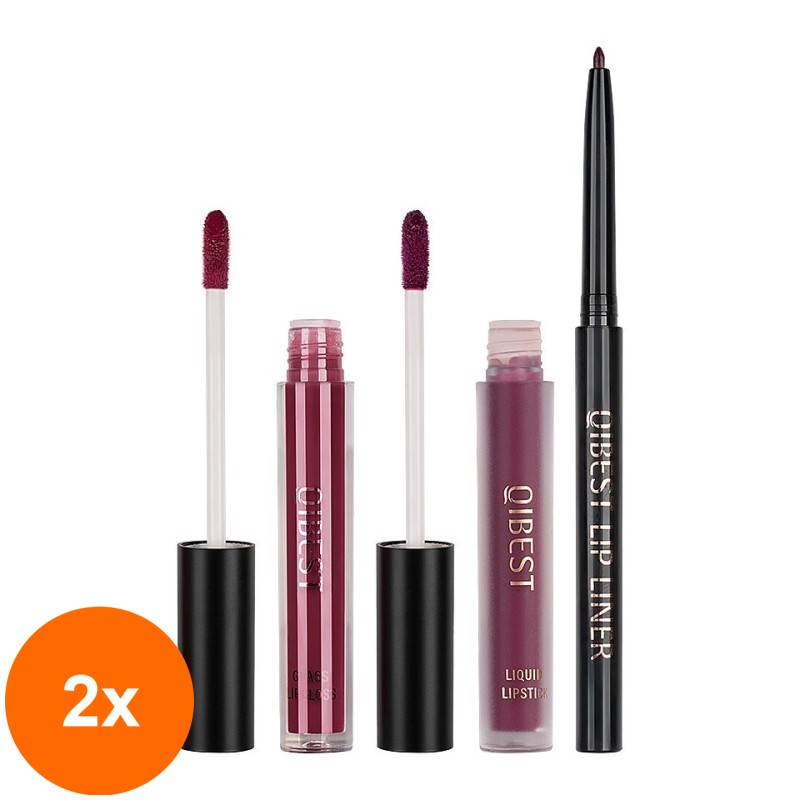 Set 2 x Ruj Lichid Mat si Lip Gloss si Creion Contur Buze Qibest, 09