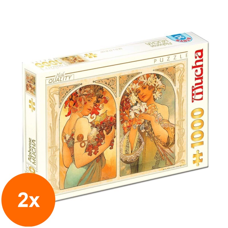 Set 2 x Puzzle 1000 Piese D-Toys, Alphonse Mucha, Fruit and Flower, Fructe si Flori