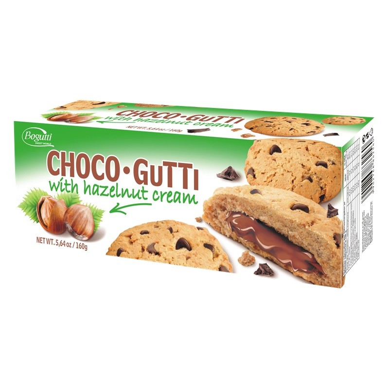 Biscuiti Crocanti Choco Gutti, Bogutti, cu Crema de Alune si Fulgi de Ciocolata, 160 g