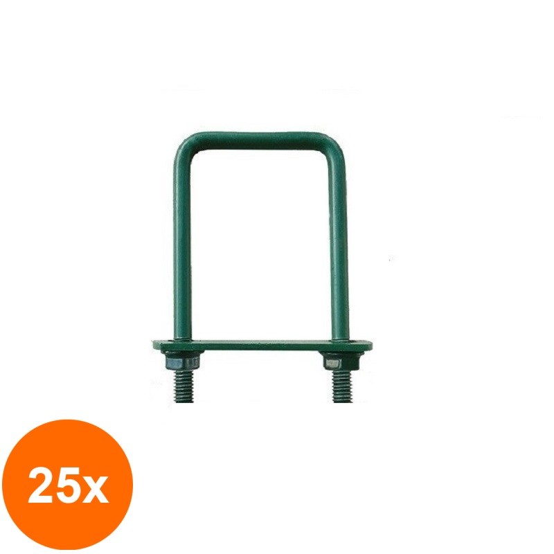 Set 25 x Brida Otel Rotund, 30 x 40 mm, Tip U, pentru Fixare Panouri Gard, Stalp Rectangular, Verde