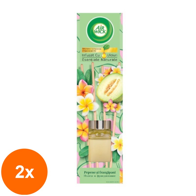 Set 2 x Odorizant de Camera cu Betisoare Parfumate Air Wick, Pepene Galben si Frangipani, 40 ml