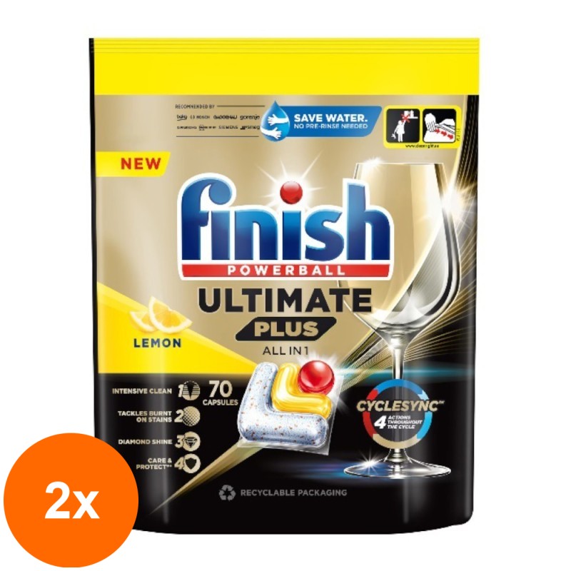 Set 2 x 70 Capsule Detergent pentru Masina de Spalat Vase Finish Ultimate Plus, Lamaie